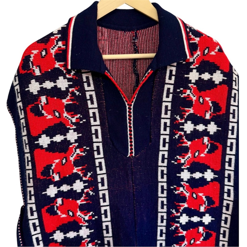 Unbranded Navy and Red Reindeer Knit Boho Poncho Sweater OS - Picture 4 of 4